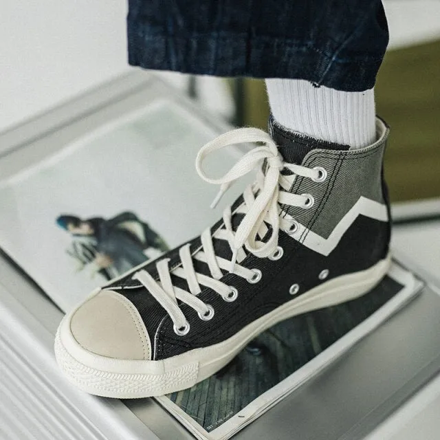 Men Mixed Color Splice Canvas Shoes  Lace Up High Top Flat