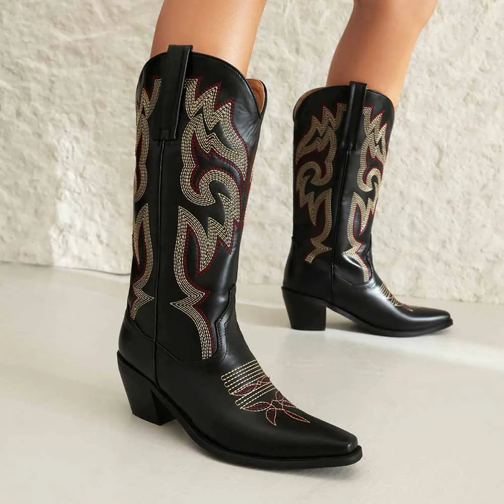 Women Embroidered Boots Country Cowgirl Chunky Heel Boots