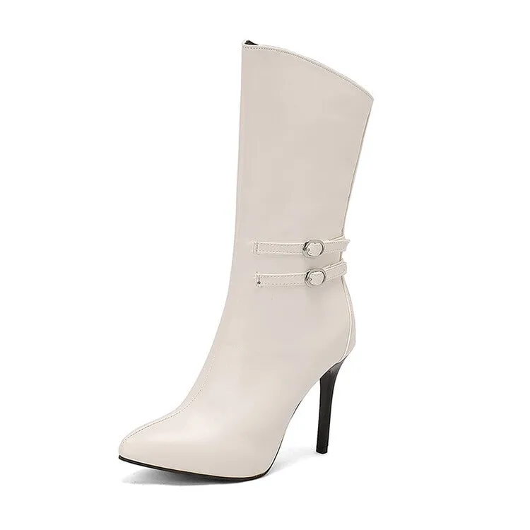 Women's Buckle Strap Pointed Toe Thin Heel Mid-Calf Boots