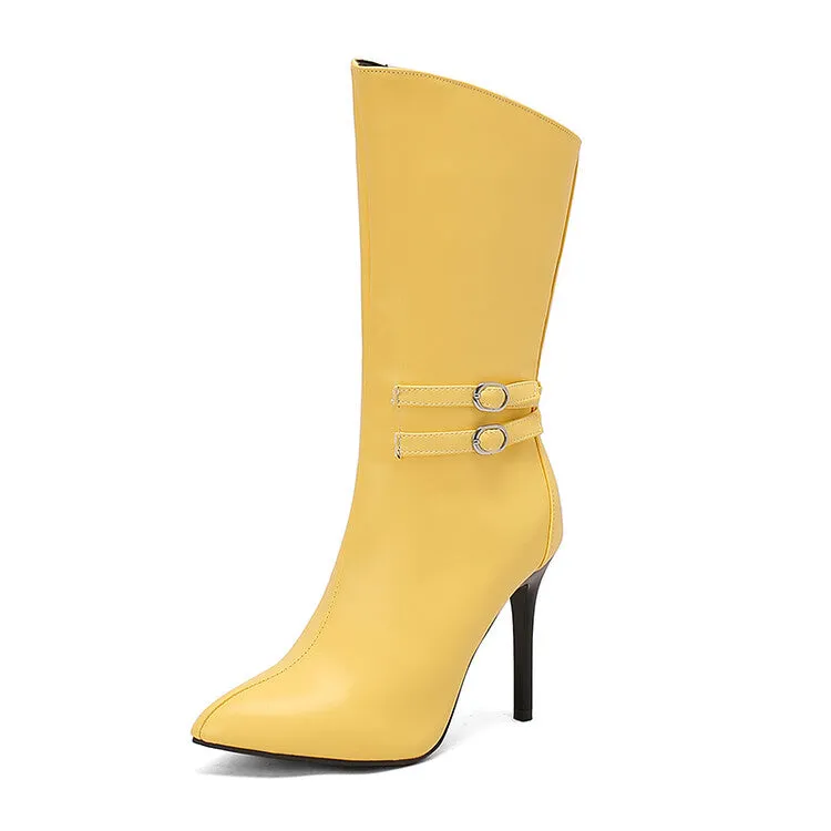Women's Buckle Strap Pointed Toe Thin Heel Mid-Calf Boots
