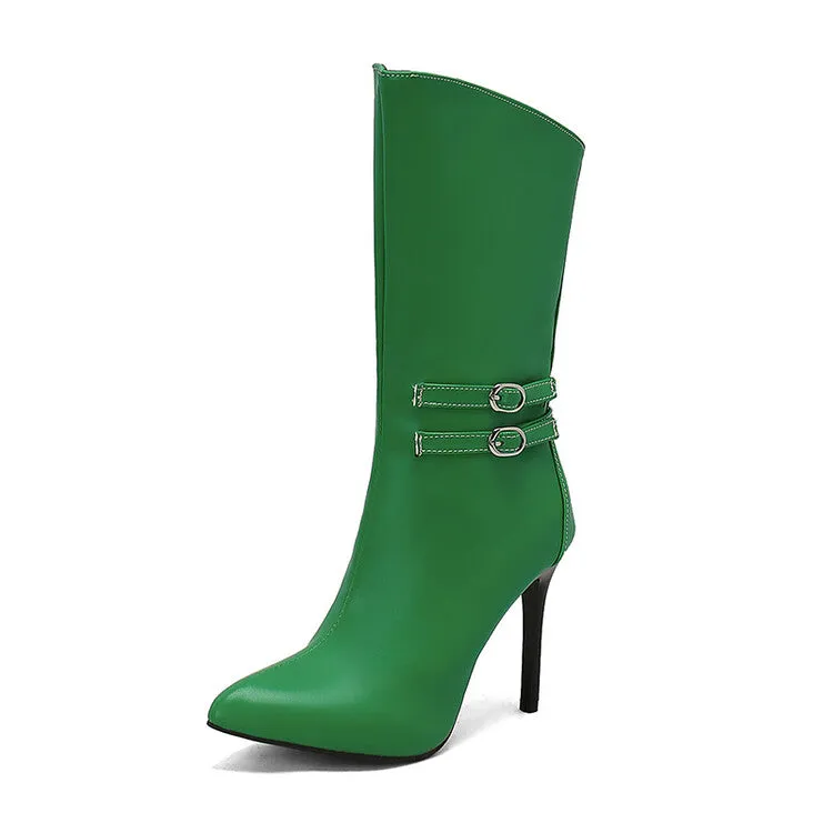 Women's Buckle Strap Pointed Toe Thin Heel Mid-Calf Boots