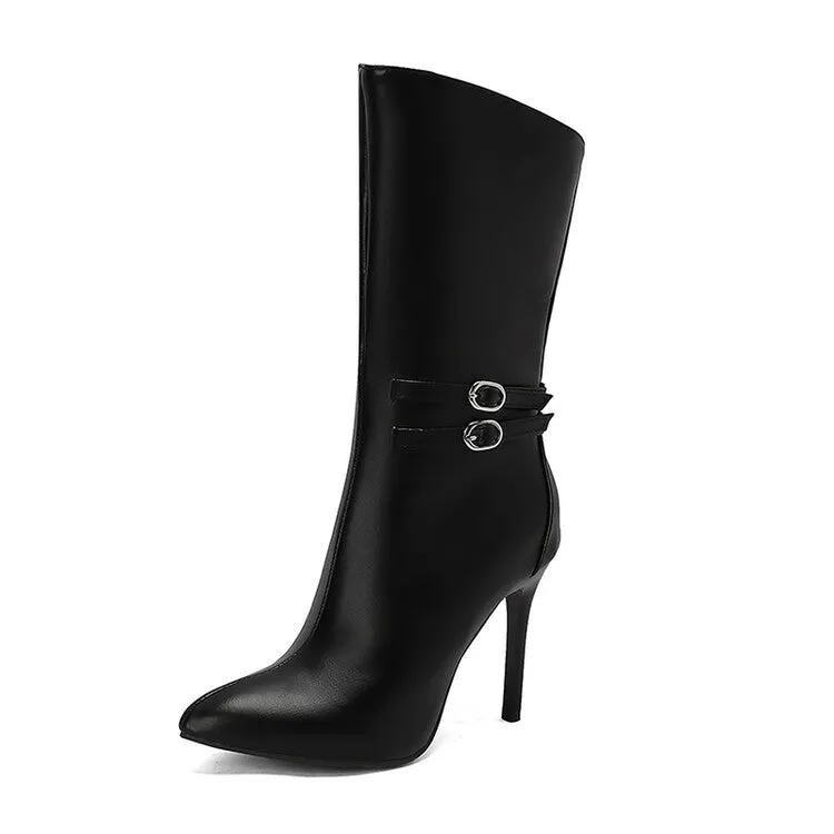 Women's Buckle Strap Pointed Toe Thin Heel Mid-Calf Boots