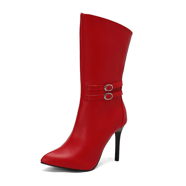 Women's Buckle Strap Pointed Toe Thin Heel Mid-Calf Boots