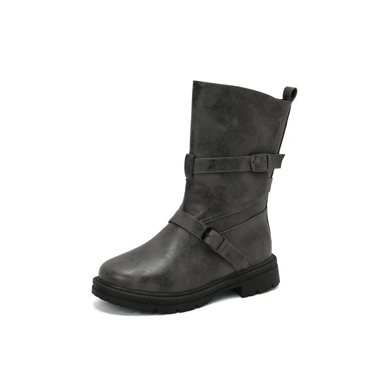 Women's Buckle Strap Round Toe Flat Mid Calf Boots