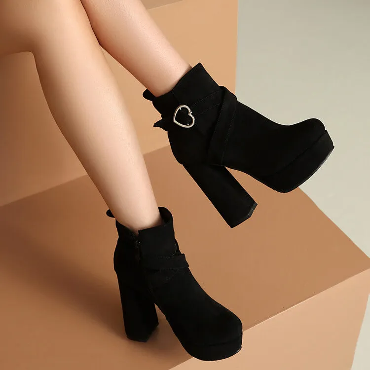 Women's Buckle Strap Round Toe High Heels Platform Ankle Boots